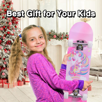 Skateboards for Beginners Kids Boys Girls Teens and Adults, 31 Inch Complete Standard Skateboards with 7-Layer Maple Double Kick Deck Unicorn and Skull Design