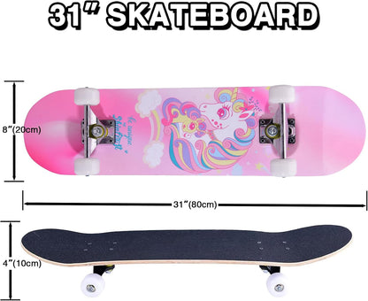 Skateboards for Beginners Kids Boys Girls Teens and Adults, 31 Inch Complete Standard Skateboards with 7-Layer Maple Double Kick Deck Unicorn and Skull Design