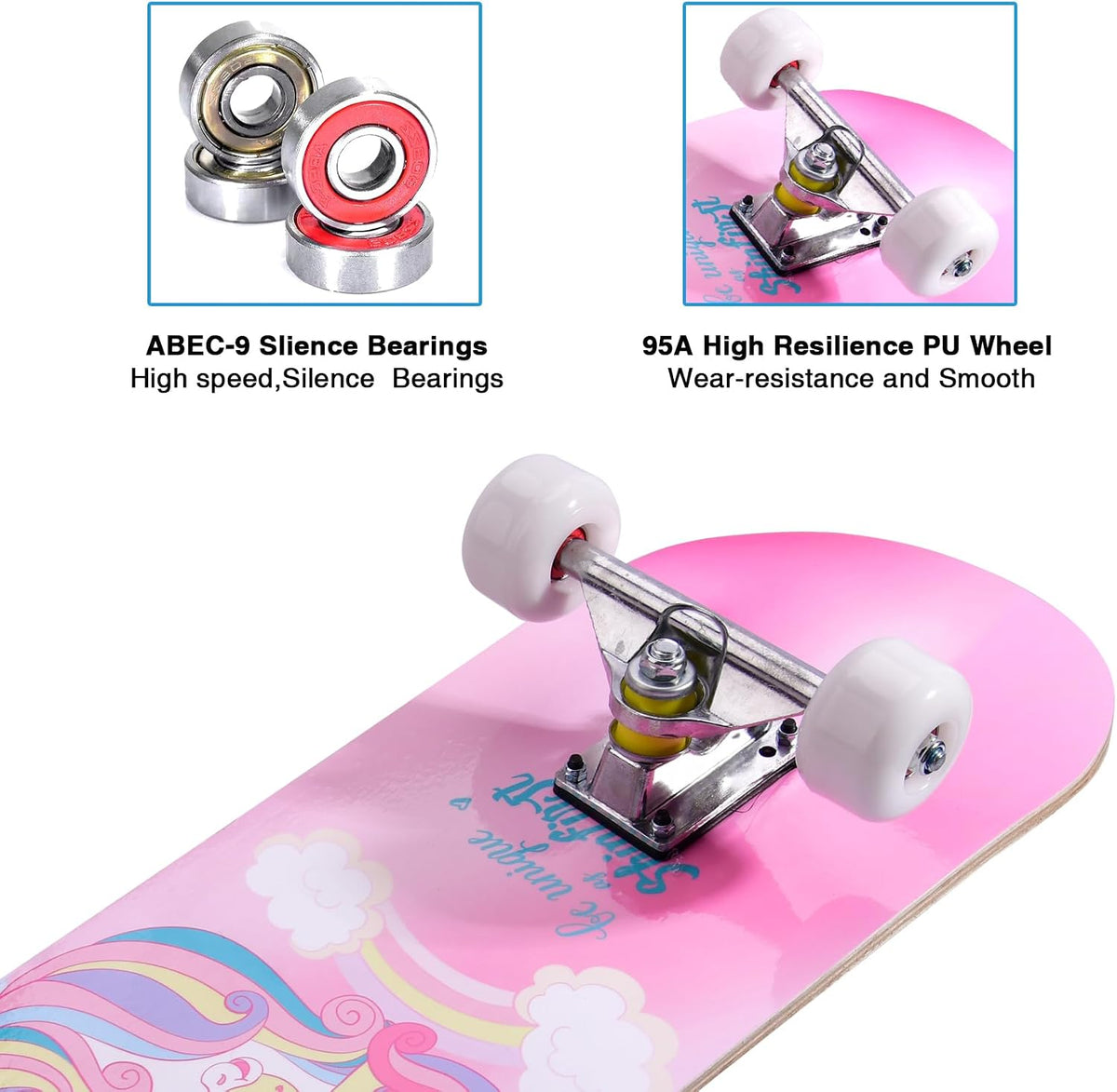 Skateboards for Beginners Kids Boys Girls Teens and Adults, 31 Inch Complete Standard Skateboards with 7-Layer Maple Double Kick Deck Unicorn and Skull Design