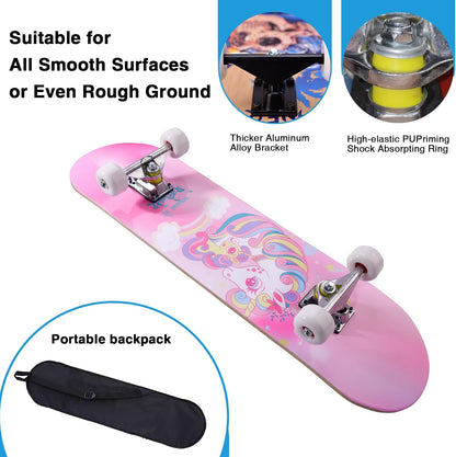Skateboards for Beginners Kids Boys Girls Teens and Adults, 31 Inch Complete Standard Skateboards with 7-Layer Maple Double Kick Deck Unicorn and Skull Design