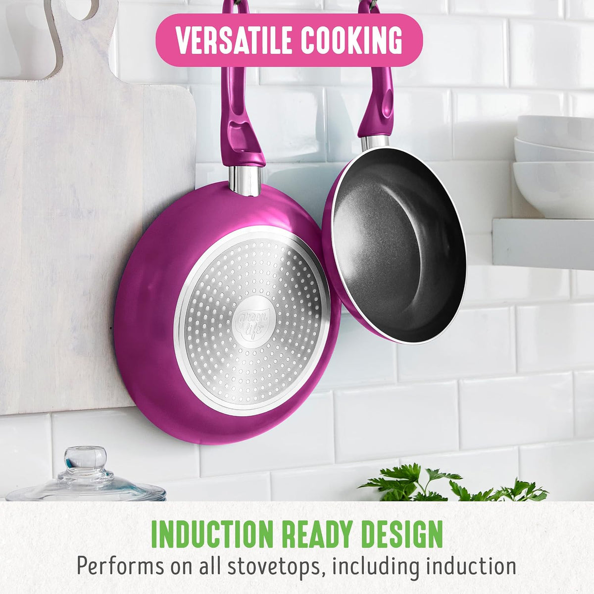 GreenLife Essentials 8" Frying Pan Skillet, PFAS-Free Ceramic Nonstick, Induction Ready Cookware, Dishwasher Safe, Magenta Pink