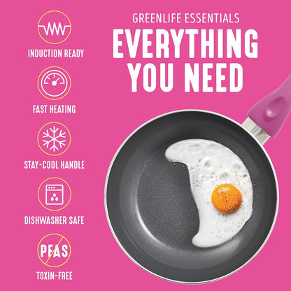 GreenLife Essentials 8" Frying Pan Skillet, PFAS-Free Ceramic Nonstick, Induction Ready Cookware, Dishwasher Safe, Magenta Pink