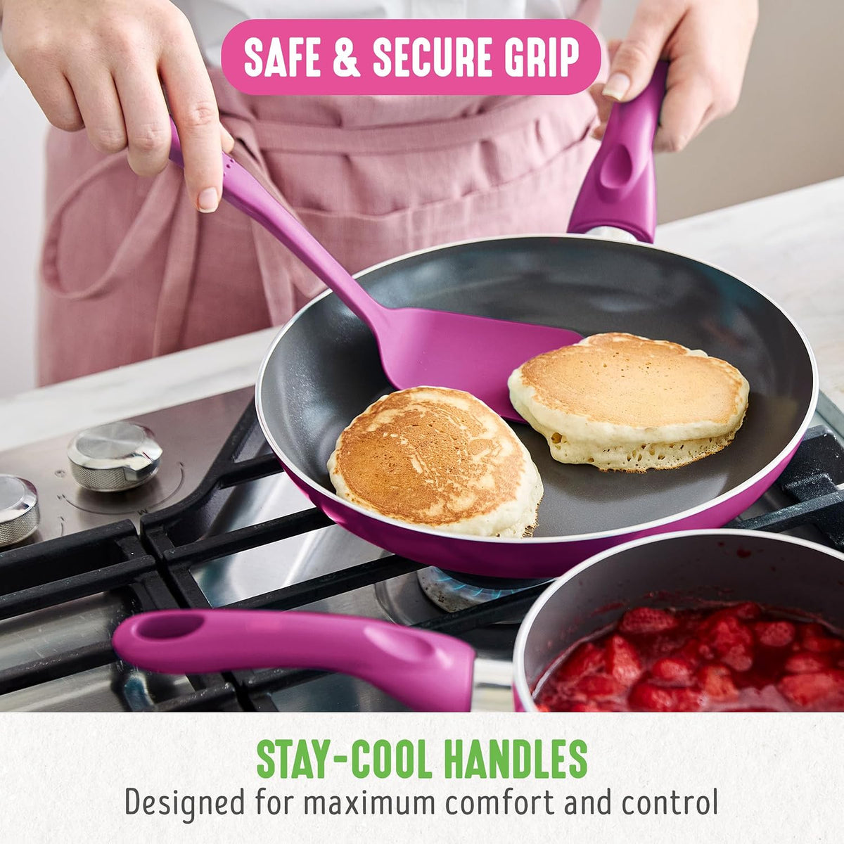 GreenLife Essentials 8" Frying Pan Skillet, PFAS-Free Ceramic Nonstick, Induction Ready Cookware, Dishwasher Safe, Magenta Pink
