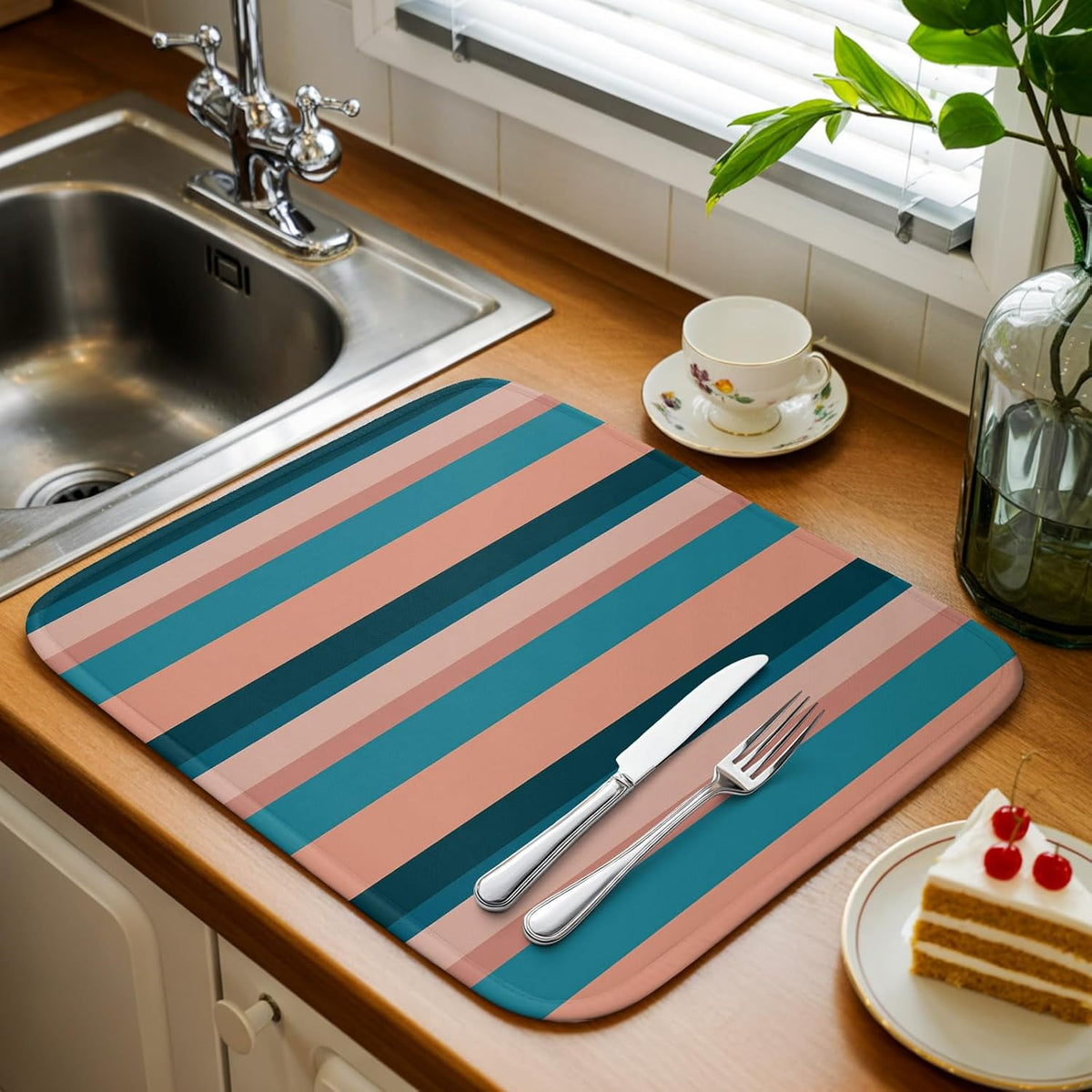 Dish Drying Mat Light Blue Pink Stripes Absorbent Dish Drying Mat Pad for Kitchen Countertops,Sinks,Dish Drainer Racks Geometric Vertical Striped Dish Drying Pad 18x24in