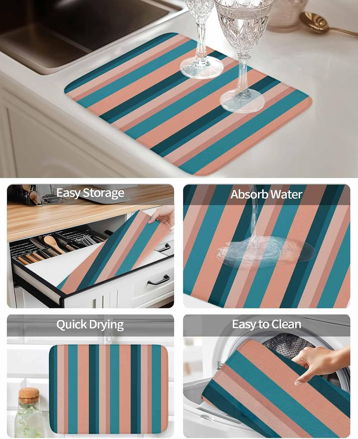 Dish Drying Mat Light Blue Pink Stripes Absorbent Dish Drying Mat Pad for Kitchen Countertops,Sinks,Dish Drainer Racks Geometric Vertical Striped Dish Drying Pad 18x24in