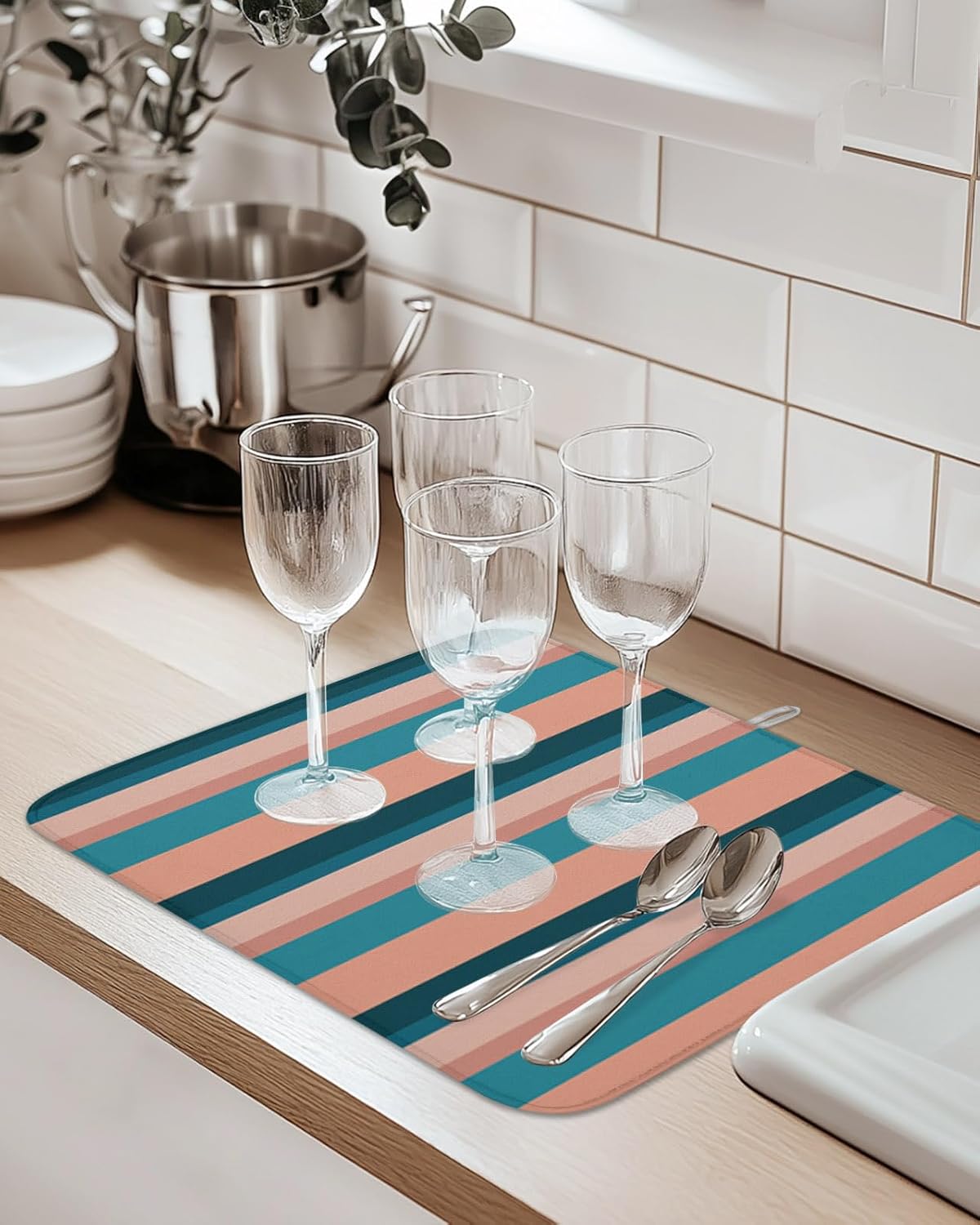 Dish Drying Mat Light Blue Pink Stripes Absorbent Dish Drying Mat Pad for Kitchen Countertops,Sinks,Dish Drainer Racks Geometric Vertical Striped Dish Drying Pad 18x24in