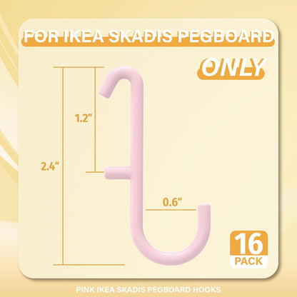 Pink Pegboard S Hooks for IKEA SKADIS, 16 Pack