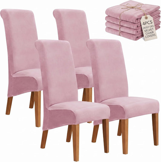 Stretch XL/Oversized Extra Large Velvet Dining Room Chair Covers for Kitchen Dining, Removable Washable Chair Protectors Slipcovers (Pink, 4)