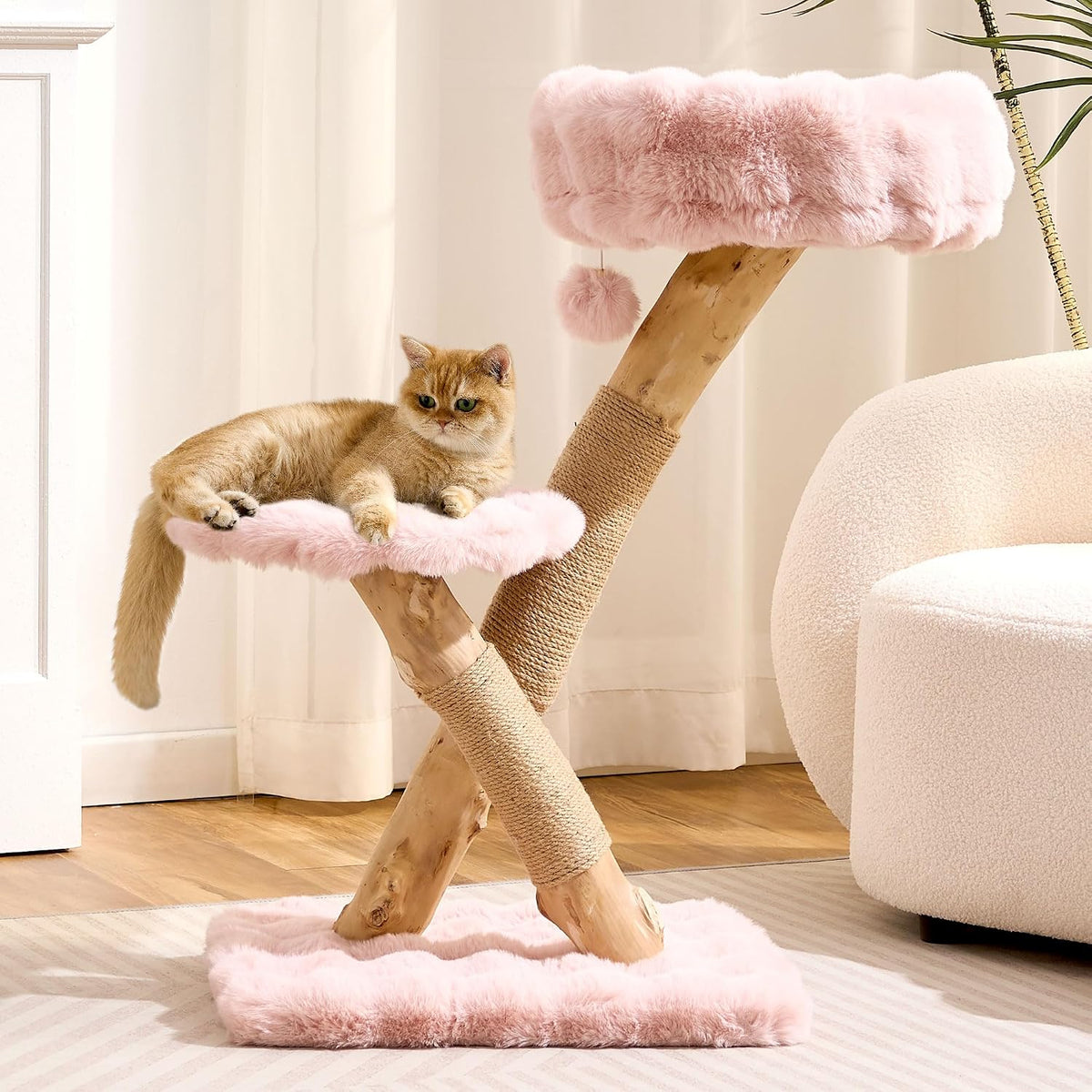 Natural Solid Wood Cat Tree Tower with Scratching Post, 32 Inches Tall Modern Cat Tower with Cozy Bed and Platforms, Luxury Real Branch Cat Tree for Indoor Cats Large Adult, Pink.