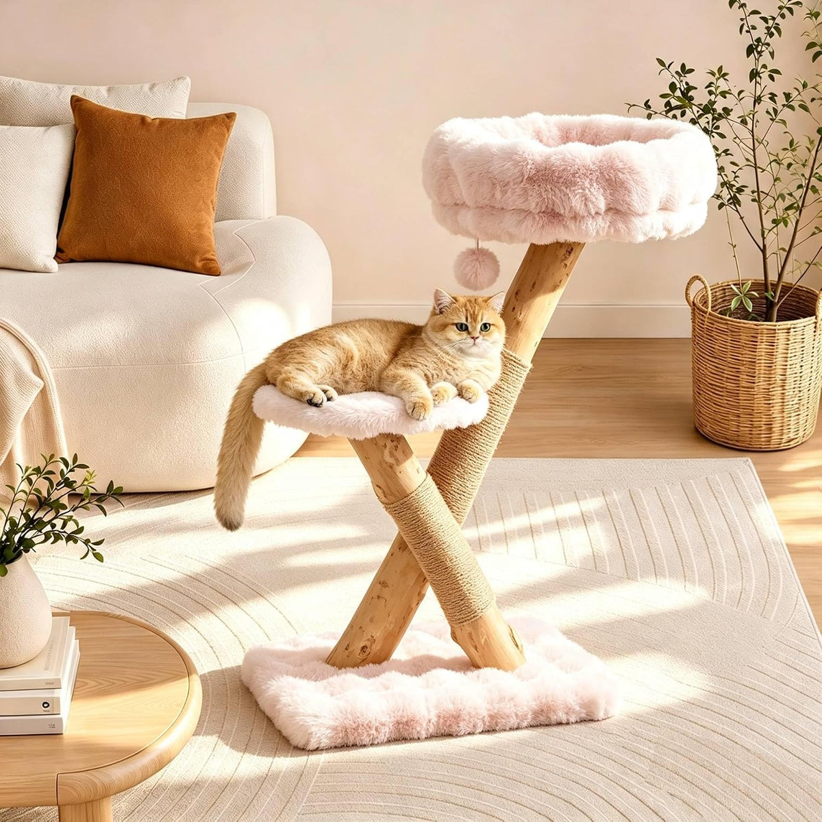 Natural Solid Wood Cat Tree Tower with Scratching Post, 32 Inches Tall Modern Cat Tower with Cozy Bed and Platforms, Luxury Real Branch Cat Tree for Indoor Cats Large Adult, Pink.