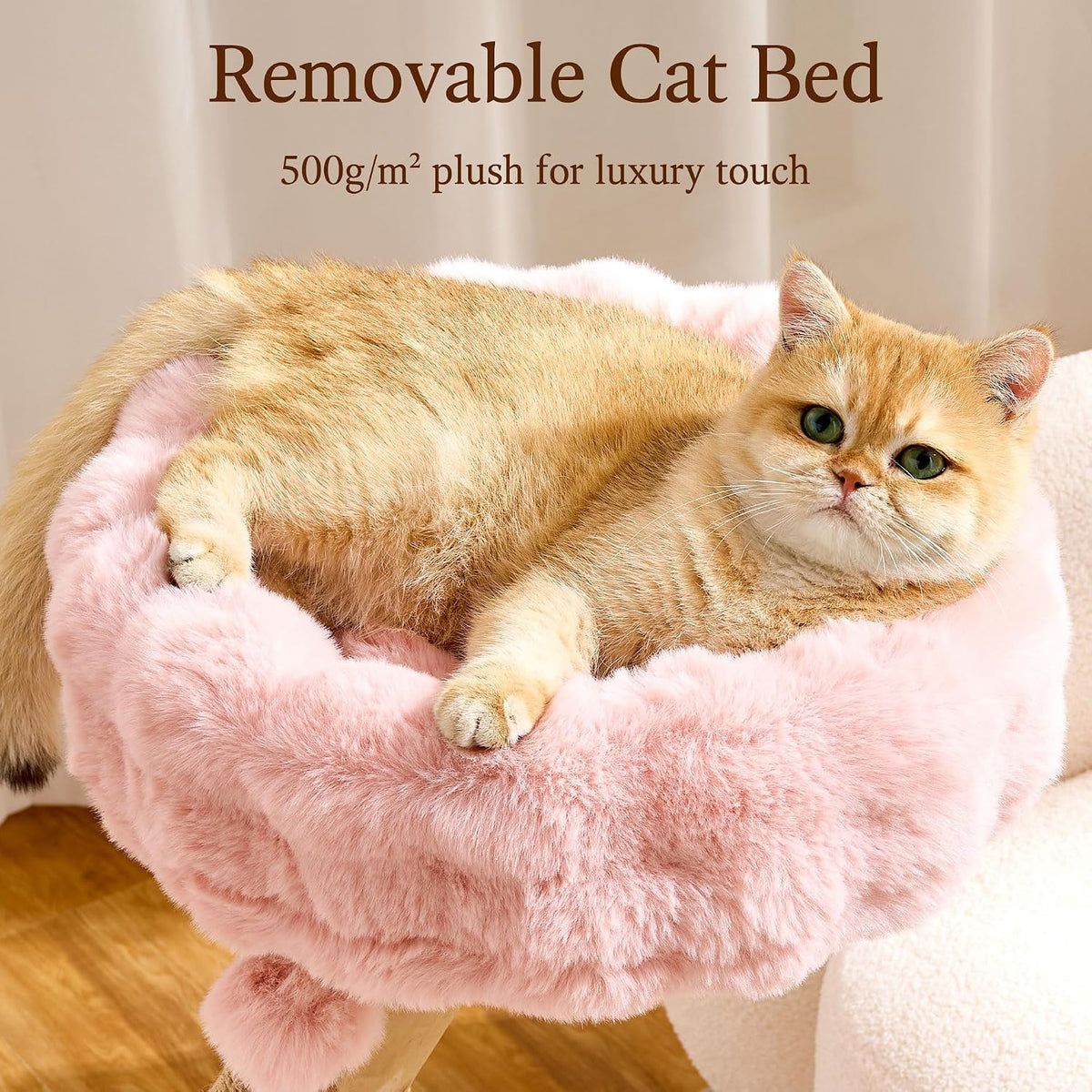 Natural Solid Wood Cat Tree Tower with Scratching Post, 32 Inches Tall Modern Cat Tower with Cozy Bed and Platforms, Luxury Real Branch Cat Tree for Indoor Cats Large Adult, Pink.
