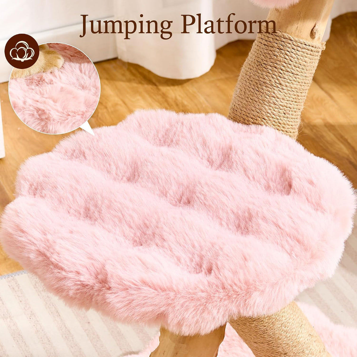 Natural Solid Wood Cat Tree Tower with Scratching Post, 32 Inches Tall Modern Cat Tower with Cozy Bed and Platforms, Luxury Real Branch Cat Tree for Indoor Cats Large Adult, Pink.