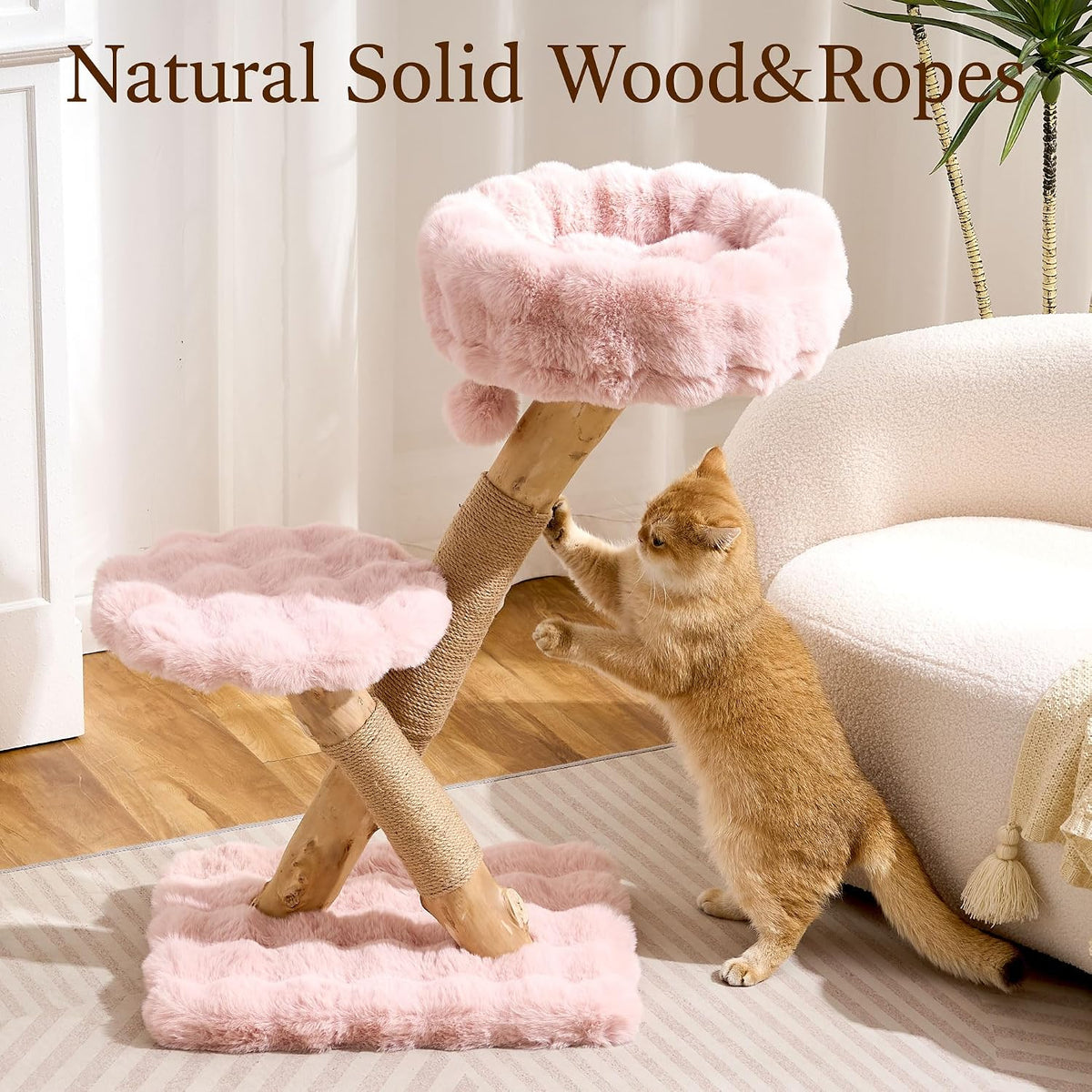 Natural Solid Wood Cat Tree Tower with Scratching Post, 32 Inches Tall Modern Cat Tower with Cozy Bed and Platforms, Luxury Real Branch Cat Tree for Indoor Cats Large Adult, Pink.