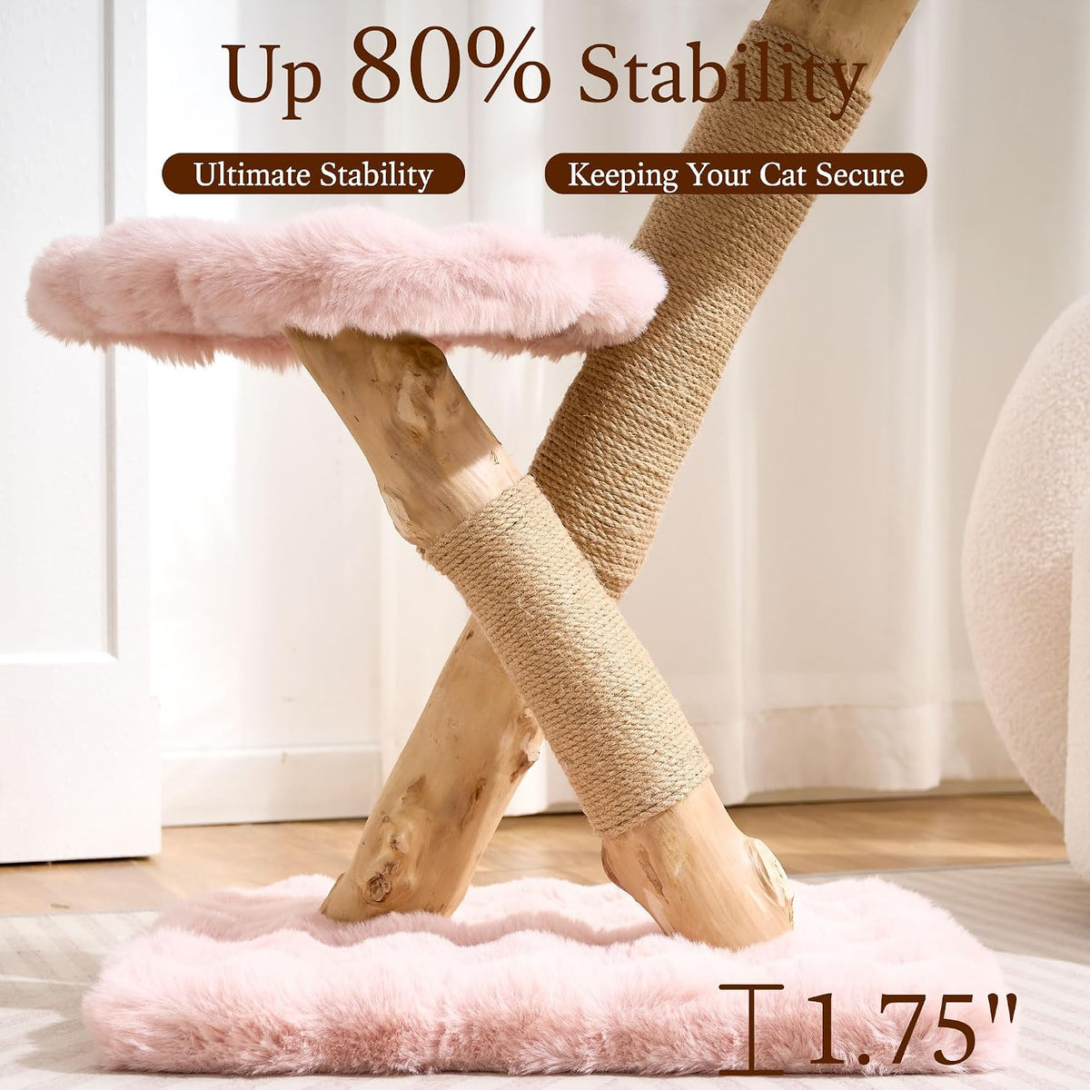 Natural Solid Wood Cat Tree Tower with Scratching Post, 32 Inches Tall Modern Cat Tower with Cozy Bed and Platforms, Luxury Real Branch Cat Tree for Indoor Cats Large Adult, Pink.
