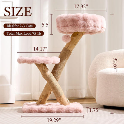 Natural Solid Wood Cat Tree Tower with Scratching Post, 32 Inches Tall Modern Cat Tower with Cozy Bed and Platforms, Luxury Real Branch Cat Tree for Indoor Cats Large Adult, Pink.