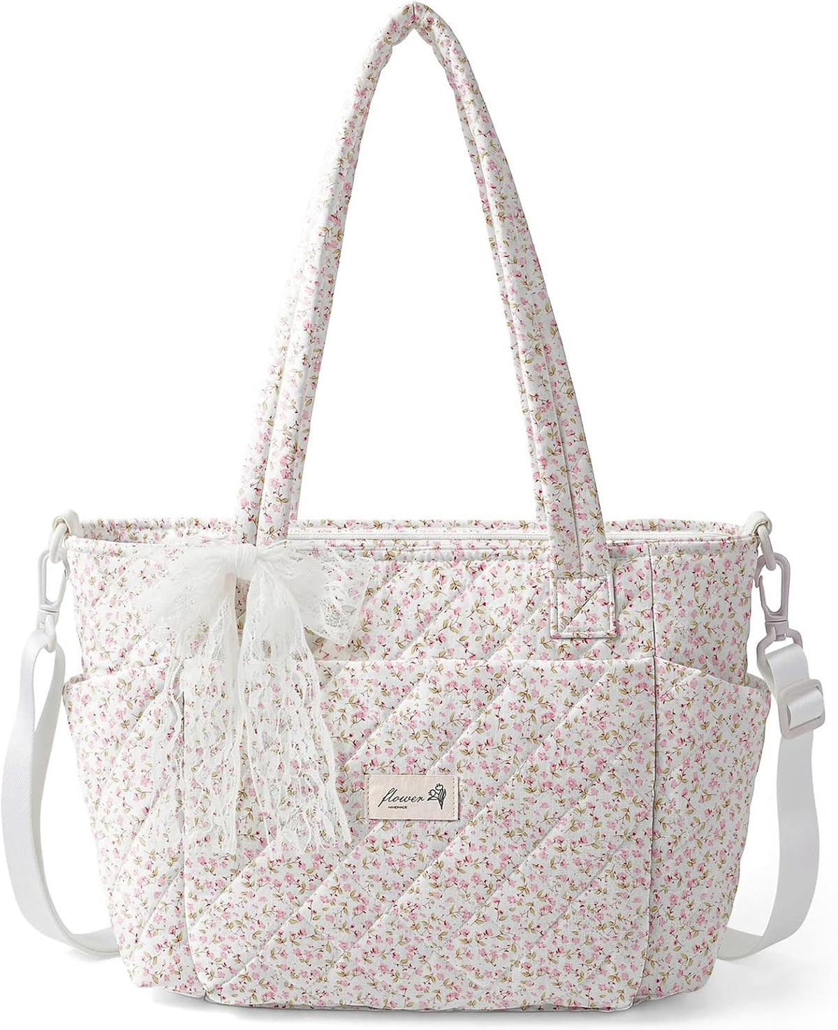 Quilted Lunch Box for Women,Insulated Lunch Tote Bag for Women for Work, Coquette Large Capacity Lunch Tote with Shoulder Straps, Elegant Lunch Purse (Pink Floral, M)