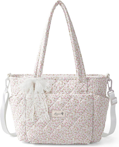 Quilted Lunch Box for Women,Insulated Lunch Tote Bag for Women for Work, Coquette Large Capacity Lunch Tote with Shoulder Straps, Elegant Lunch Purse (Pink Floral, M)