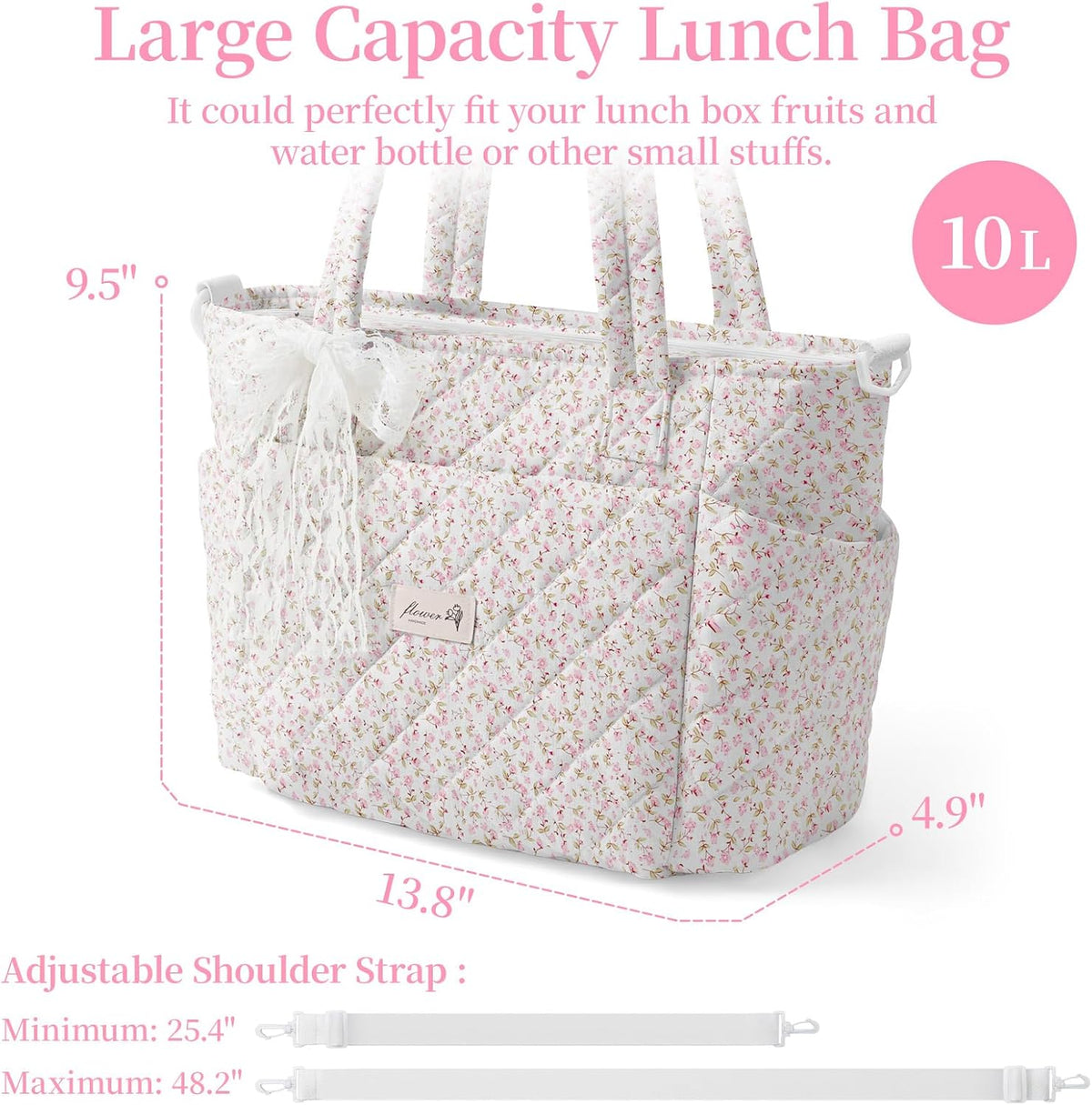 Quilted Lunch Box for Women,Insulated Lunch Tote Bag for Women for Work, Coquette Large Capacity Lunch Tote with Shoulder Straps, Elegant Lunch Purse (Pink Floral, M)