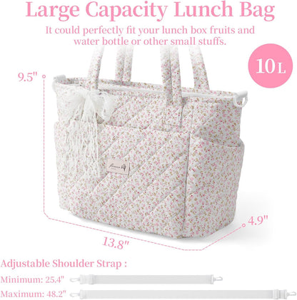 Quilted Lunch Box for Women,Insulated Lunch Tote Bag for Women for Work, Coquette Large Capacity Lunch Tote with Shoulder Straps, Elegant Lunch Purse (Pink Floral, M)