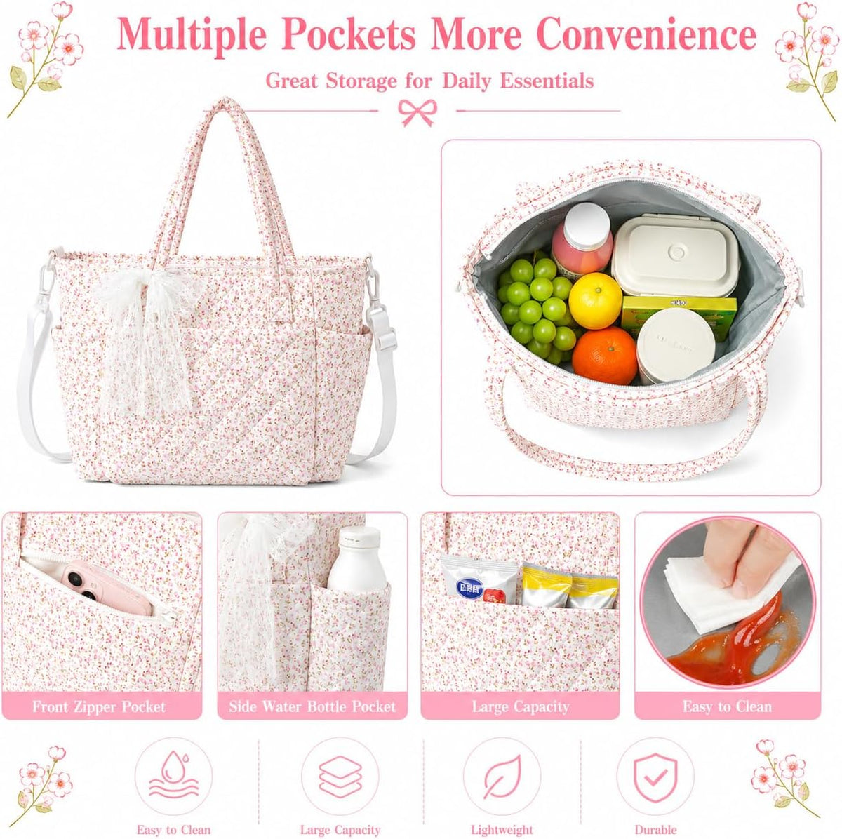Quilted Lunch Box for Women,Insulated Lunch Tote Bag for Women for Work, Coquette Large Capacity Lunch Tote with Shoulder Straps, Elegant Lunch Purse (Pink Floral, M)