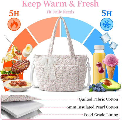 Quilted Lunch Box for Women,Insulated Lunch Tote Bag for Women for Work, Coquette Large Capacity Lunch Tote with Shoulder Straps, Elegant Lunch Purse (Pink Floral, M)