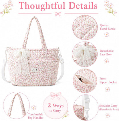 Quilted Lunch Box for Women,Insulated Lunch Tote Bag for Women for Work, Coquette Large Capacity Lunch Tote with Shoulder Straps, Elegant Lunch Purse (Pink Floral, M)
