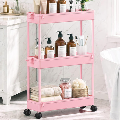 Slim Rolling Storage Cart, 3 Tier Bathroom Cart Organizer, Pink