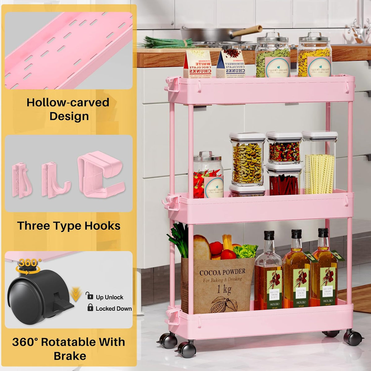 Slim Rolling Storage Cart, 3 Tier Bathroom Cart Organizer, Pink