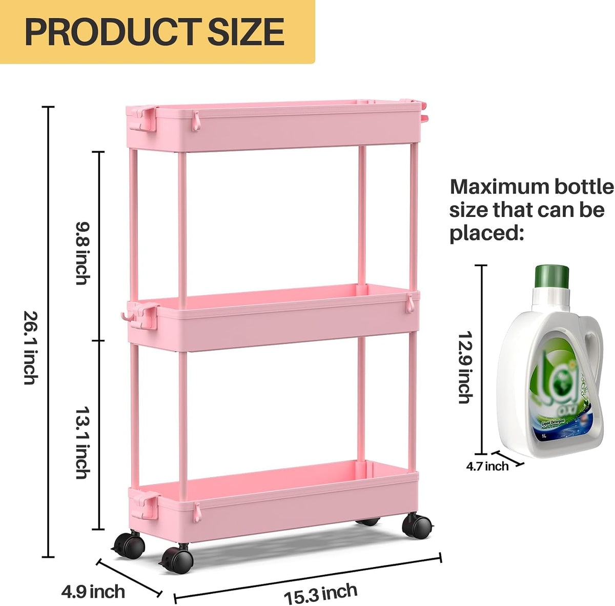 Slim Rolling Storage Cart, 3 Tier Bathroom Cart Organizer, Pink