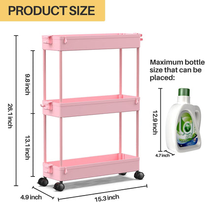 Slim Rolling Storage Cart, 3 Tier Bathroom Cart Organizer, Pink