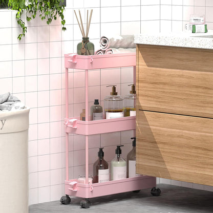 Slim Rolling Storage Cart, 3 Tier Bathroom Cart Organizer, Pink