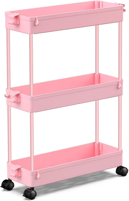 Slim Rolling Storage Cart, 3 Tier Bathroom Cart Organizer, Pink