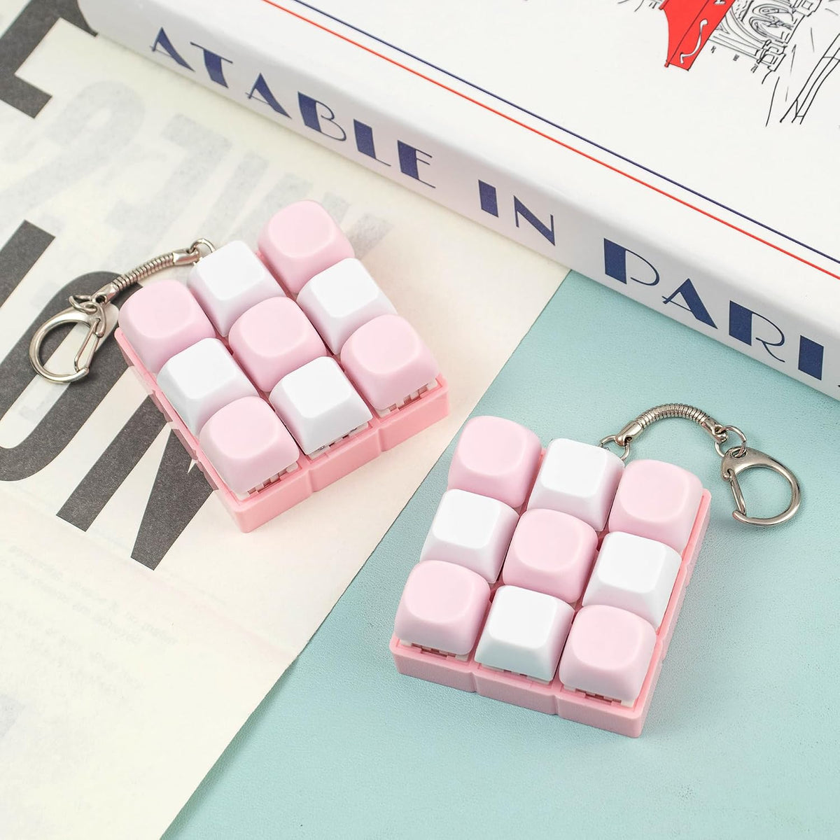 2 Pcs Pink Keyboard Fidget Toy for Adults, 9 Keys Clicker Keyboard Keychain