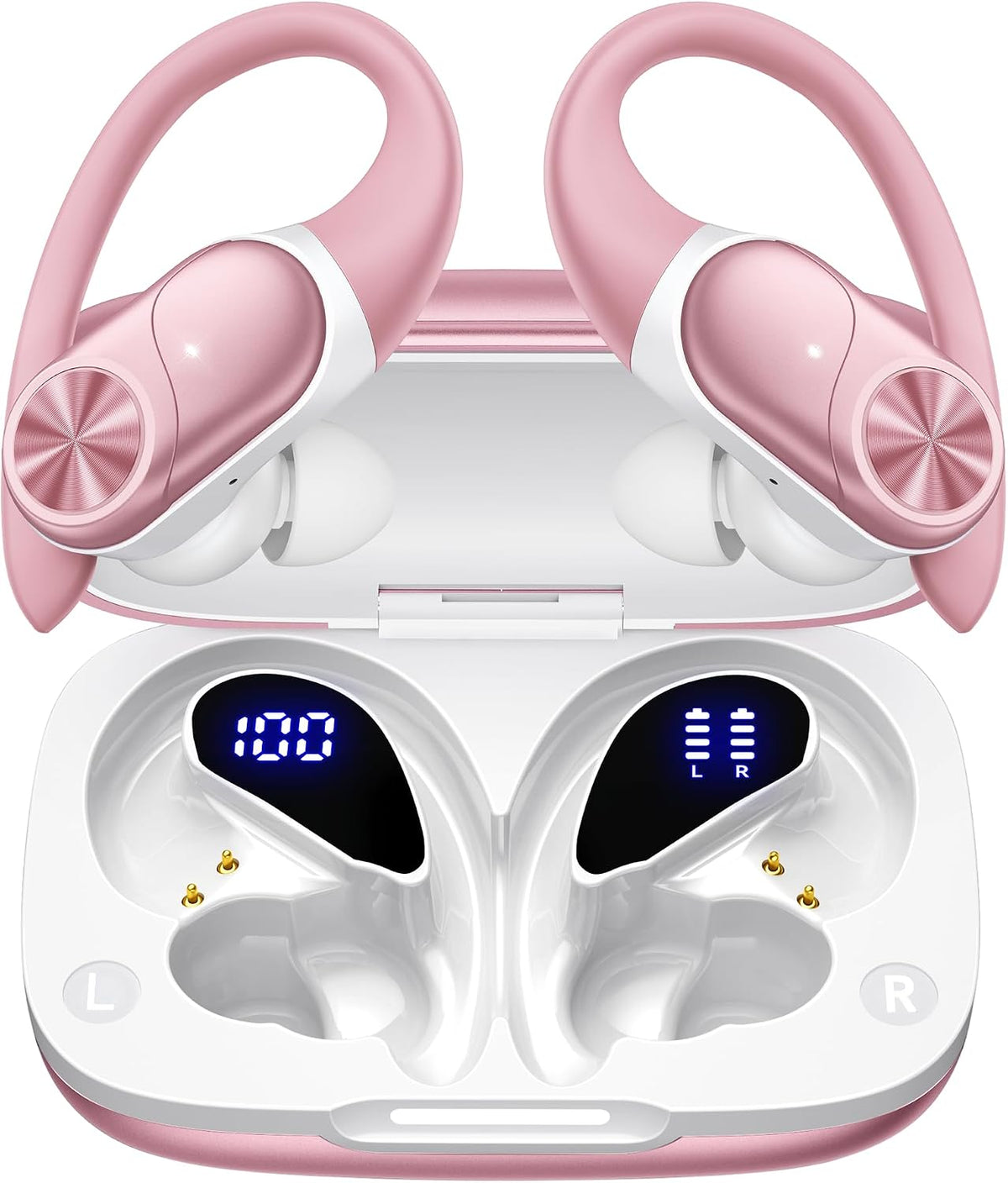 Bluetooth Headphones Wireless Earbuds 80hrs Playtime Wireless Charging Case Digital Display Sport Ear Buds with Earhook Deep Bass IPX7 Waterproof Over-Ear Earphones for Phone Laptop Rose Gold