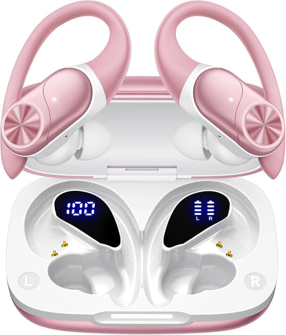 Bluetooth Headphones Wireless Earbuds 80hrs Playtime Wireless Charging Case Digital Display Sport Ear Buds with Earhook Deep Bass IPX7 Waterproof Over-Ear Earphones for Phone Laptop Rose Gold
