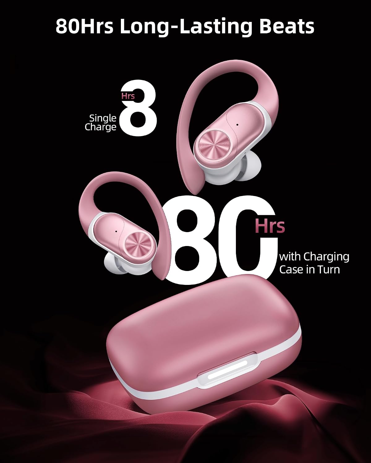 Bluetooth Headphones Wireless Earbuds 80hrs Playtime Wireless Charging Case Digital Display Sport Ear Buds with Earhook Deep Bass IPX7 Waterproof Over-Ear Earphones for Phone Laptop Rose Gold