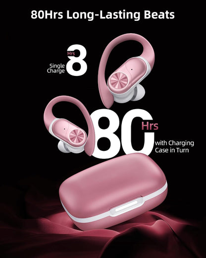 Bluetooth Headphones Wireless Earbuds 80hrs Playtime Wireless Charging Case Digital Display Sport Ear Buds with Earhook Deep Bass IPX7 Waterproof Over-Ear Earphones for Phone Laptop Rose Gold