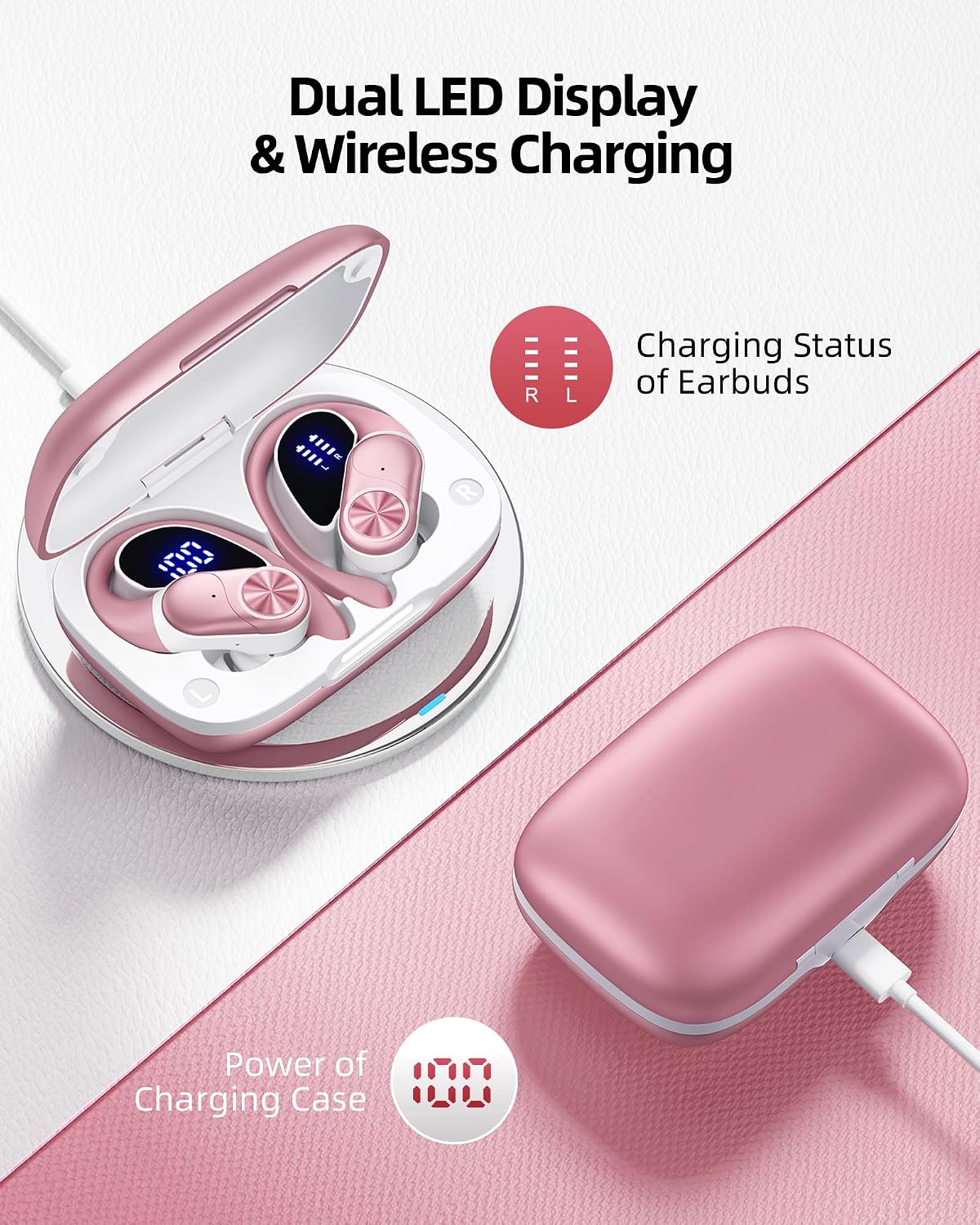 Bluetooth Headphones Wireless Earbuds 80hrs Playtime Wireless Charging Case Digital Display Sport Ear Buds with Earhook Deep Bass IPX7 Waterproof Over-Ear Earphones for Phone Laptop Rose Gold