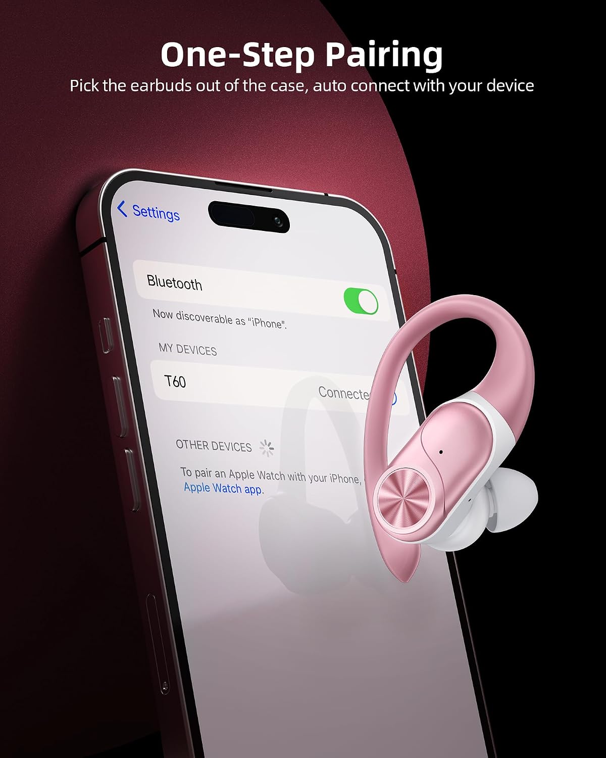 Bluetooth Headphones Wireless Earbuds 80hrs Playtime Wireless Charging Case Digital Display Sport Ear Buds with Earhook Deep Bass IPX7 Waterproof Over-Ear Earphones for Phone Laptop Rose Gold