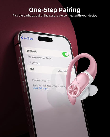 Bluetooth Headphones Wireless Earbuds 80hrs Playtime Wireless Charging Case Digital Display Sport Ear Buds with Earhook Deep Bass IPX7 Waterproof Over-Ear Earphones for Phone Laptop Rose Gold