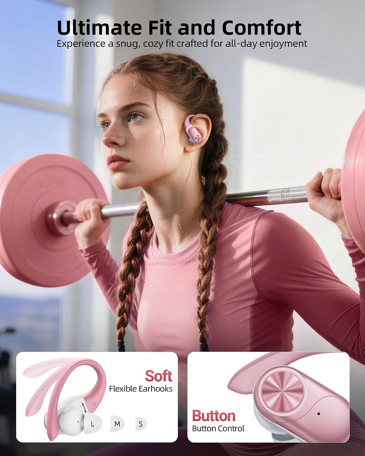 Bluetooth Headphones Wireless Earbuds 80hrs Playtime Wireless Charging Case Digital Display Sport Ear Buds with Earhook Deep Bass IPX7 Waterproof Over-Ear Earphones for Phone Laptop Rose Gold