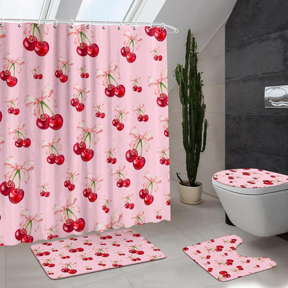4 Pcs Pink Bow Cherry Shower Curtain Set Coquette Cherry Bathroom Decor Set with Rugs Romantic Pink Bow Aesthetic Bathroom Curtain with 12 Hooks Gifts for Women