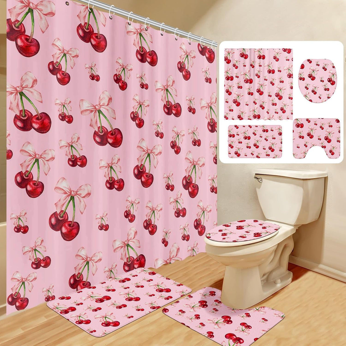 4 Pcs Pink Bow Cherry Shower Curtain Set Coquette Cherry Bathroom Decor Set with Rugs Romantic Pink Bow Aesthetic Bathroom Curtain with 12 Hooks Gifts for Women
