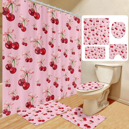 4 Pcs Pink Bow Cherry Shower Curtain Set Coquette Cherry Bathroom Decor Set with Rugs Romantic Pink Bow Aesthetic Bathroom Curtain with 12 Hooks Gifts for Women
