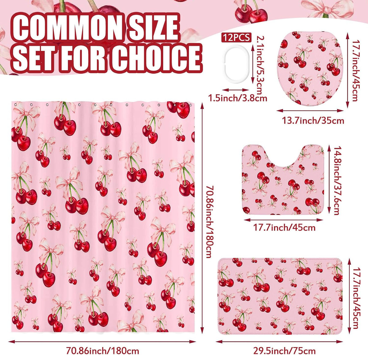 4 Pcs Pink Bow Cherry Shower Curtain Set Coquette Cherry Bathroom Decor Set with Rugs Romantic Pink Bow Aesthetic Bathroom Curtain with 12 Hooks Gifts for Women