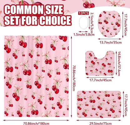 4 Pcs Pink Bow Cherry Shower Curtain Set Coquette Cherry Bathroom Decor Set with Rugs Romantic Pink Bow Aesthetic Bathroom Curtain with 12 Hooks Gifts for Women