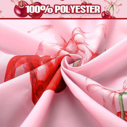 4 Pcs Pink Bow Cherry Shower Curtain Set Coquette Cherry Bathroom Decor Set with Rugs Romantic Pink Bow Aesthetic Bathroom Curtain with 12 Hooks Gifts for Women