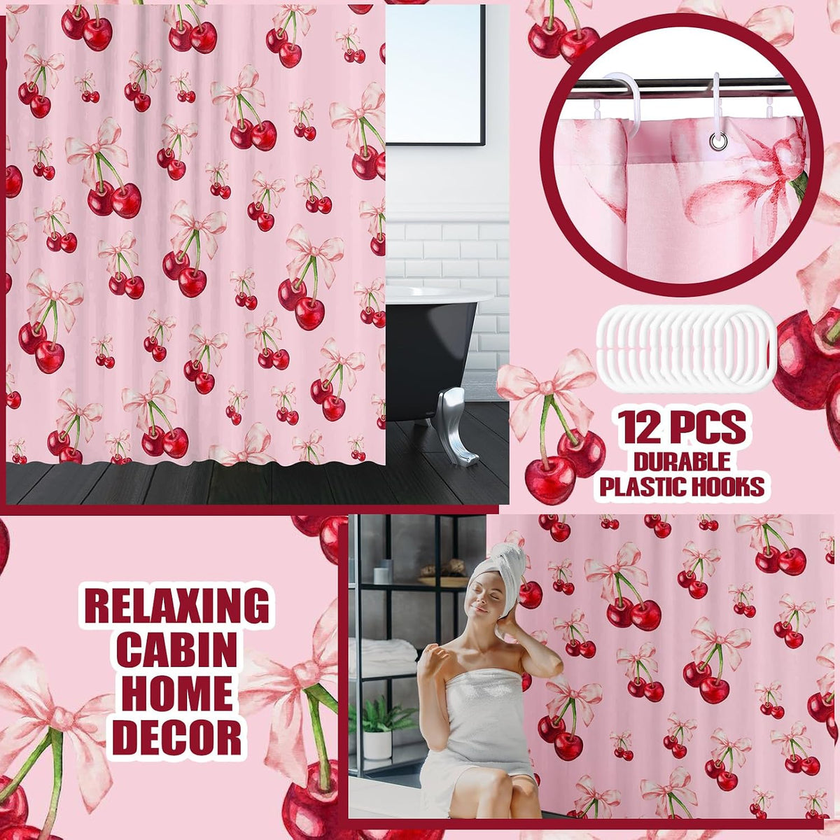 4 Pcs Pink Bow Cherry Shower Curtain Set Coquette Cherry Bathroom Decor Set with Rugs Romantic Pink Bow Aesthetic Bathroom Curtain with 12 Hooks Gifts for Women