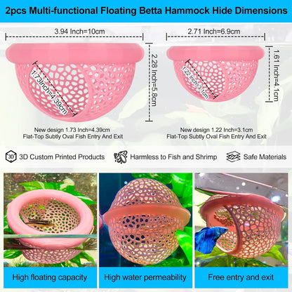 2pcs Pink Floating Betta Hammock for Aquarium,Betta Resting spot and Hide cave,Betta Fish Tank Decor Toy,Fish Feeder Ring,Shrimp Log Bed for Aquarium Accessories(Pink, 1pcs Big and 1pcs Small)