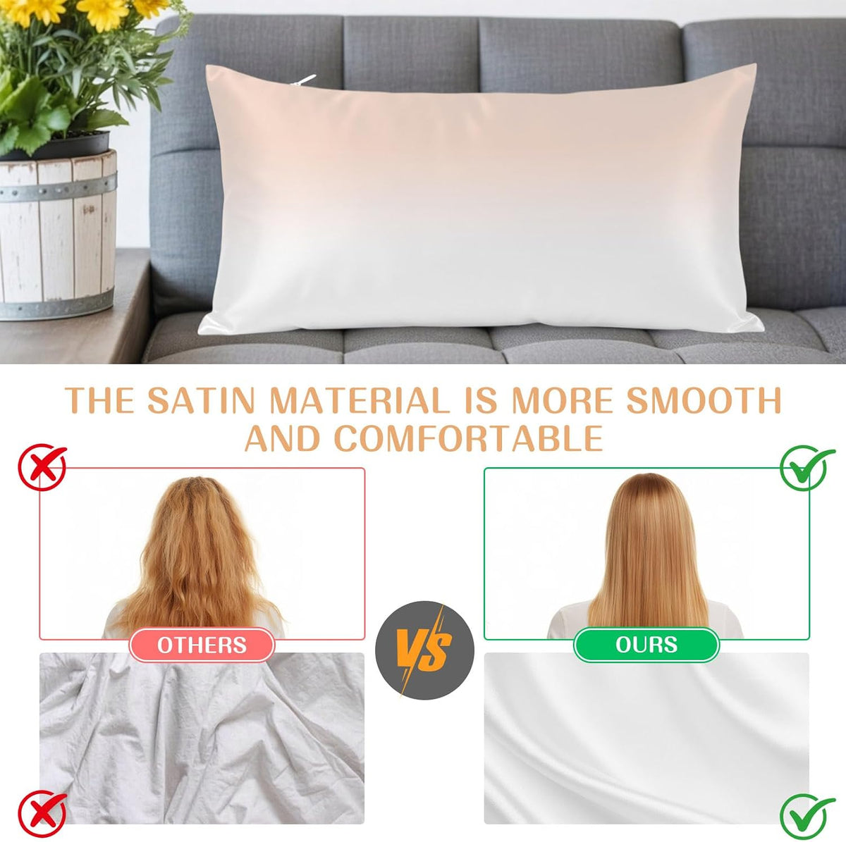 Dreamy Peach Satin Pillowcase for Hair and Skin, Pink and White Gradient Silk Pillow Cases with Hidden Zipper, Smooth Pillow Covers for Sleeping Standard Size Set of 1, 20"×40"